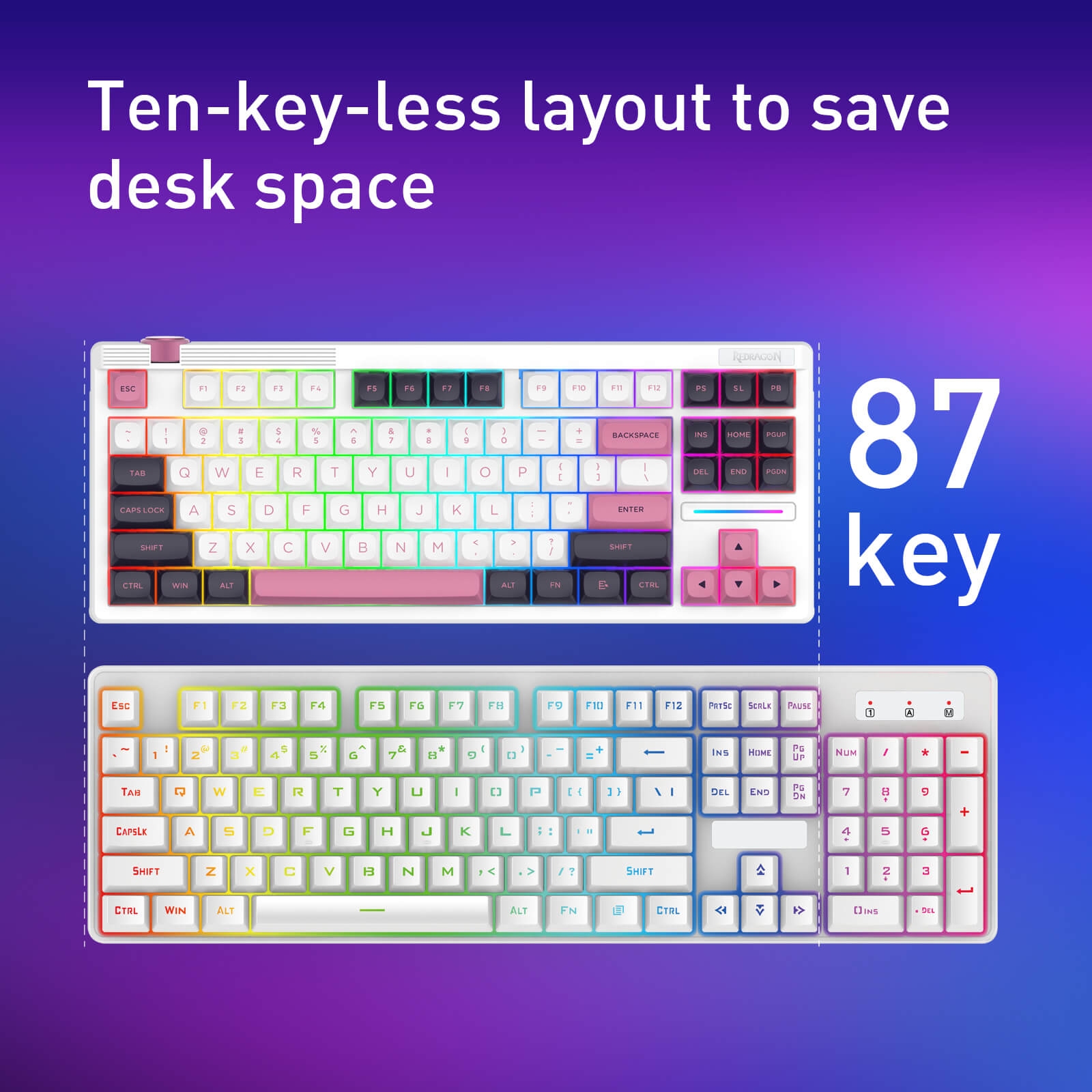 Keyboard with ten-key-less layout on a purple gradient background