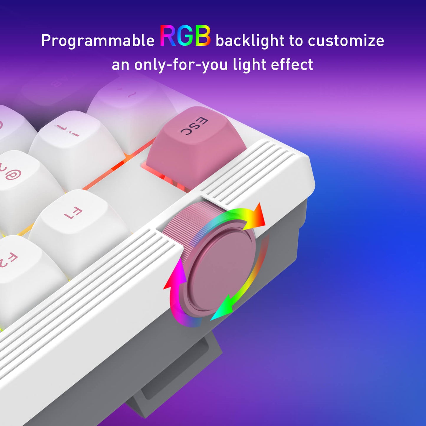 Redragon K729 Keyboard with RGB backlight customization feature on a gradient purple to blue background