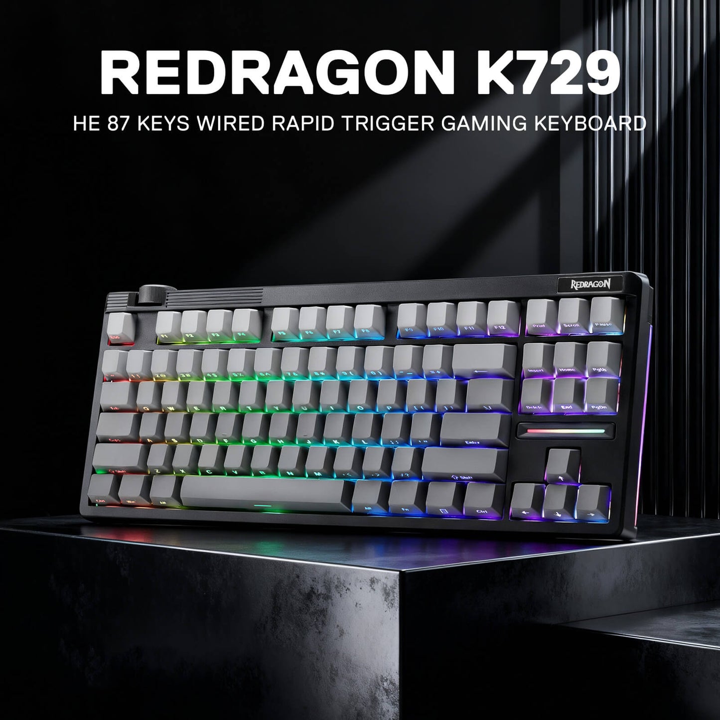 Redragon K729 gaming keyboard with RGB lighting on a dark background