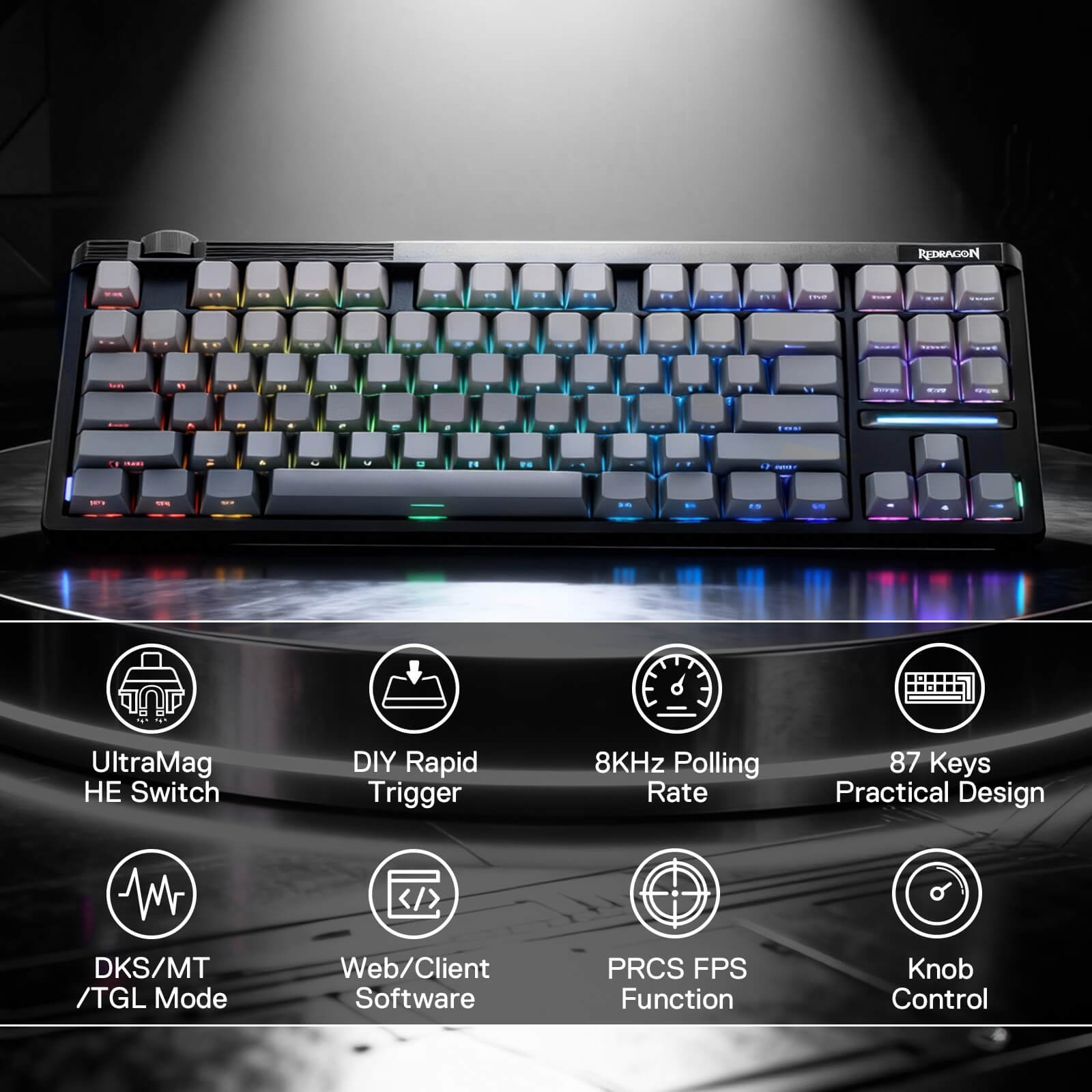 Mechanical keyboard with RGB lighting on a dark background, featuring various technical specifications.
