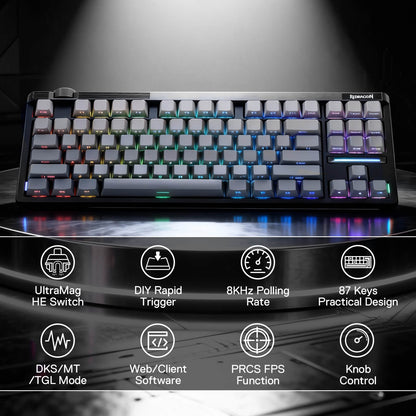 Mechanical keyboard with RGB lighting on a dark background, featuring various technical specifications.
