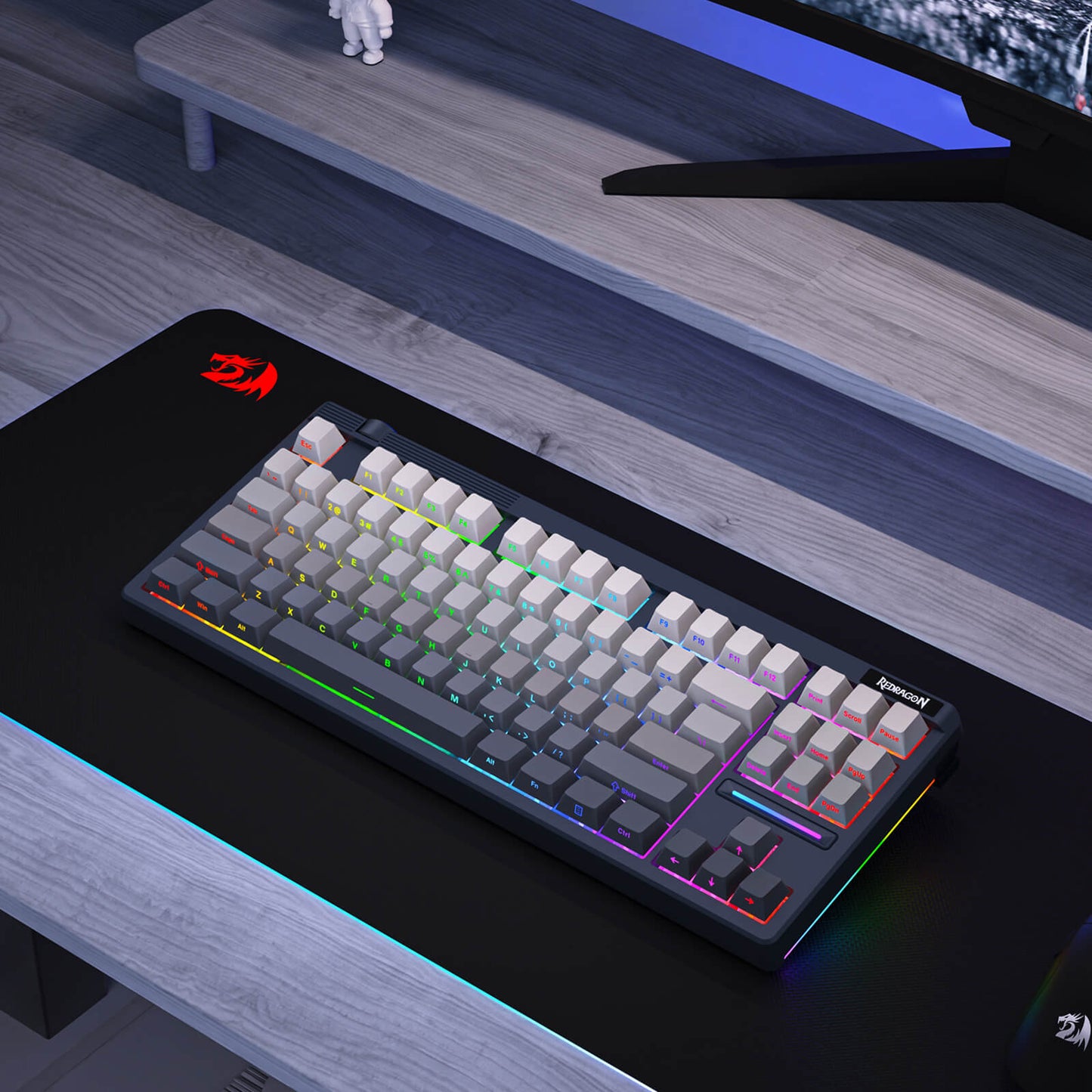 Redragon K729 PRO 80% TKL Wireless Gaming keyboard with RGB lighting on a desk