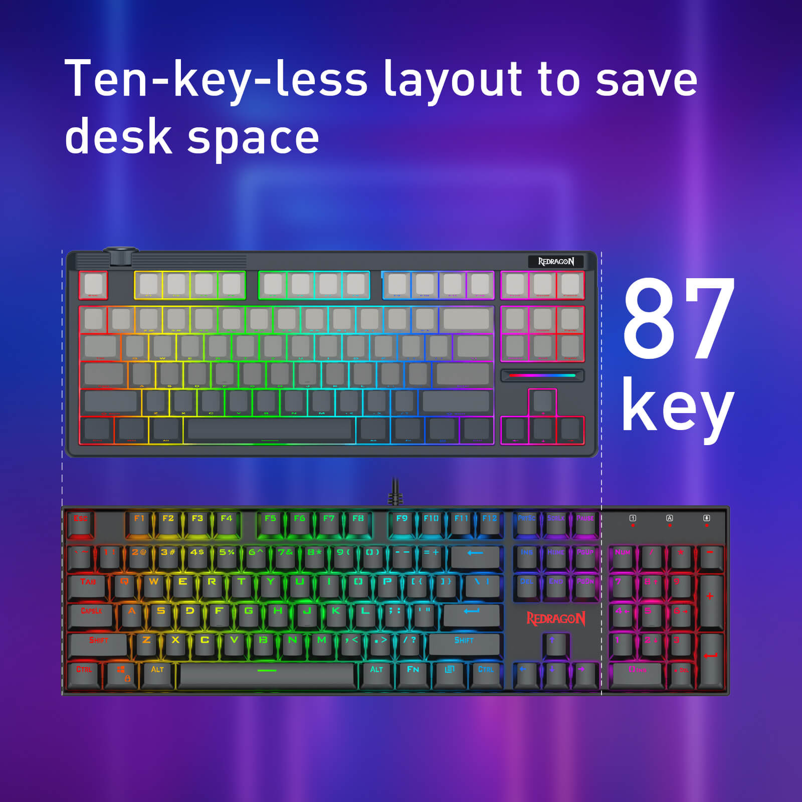 Redragon K729 PRO 80% Keyboard with ten-key-less layout on a purple gradient background