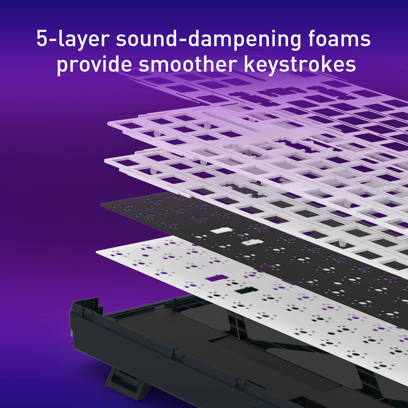 Sound-dampening foam layers with text on a purple gradient background