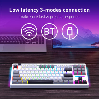 Redragon K729 PRO Mechanical keyboard with connectivity options on a wooden surface