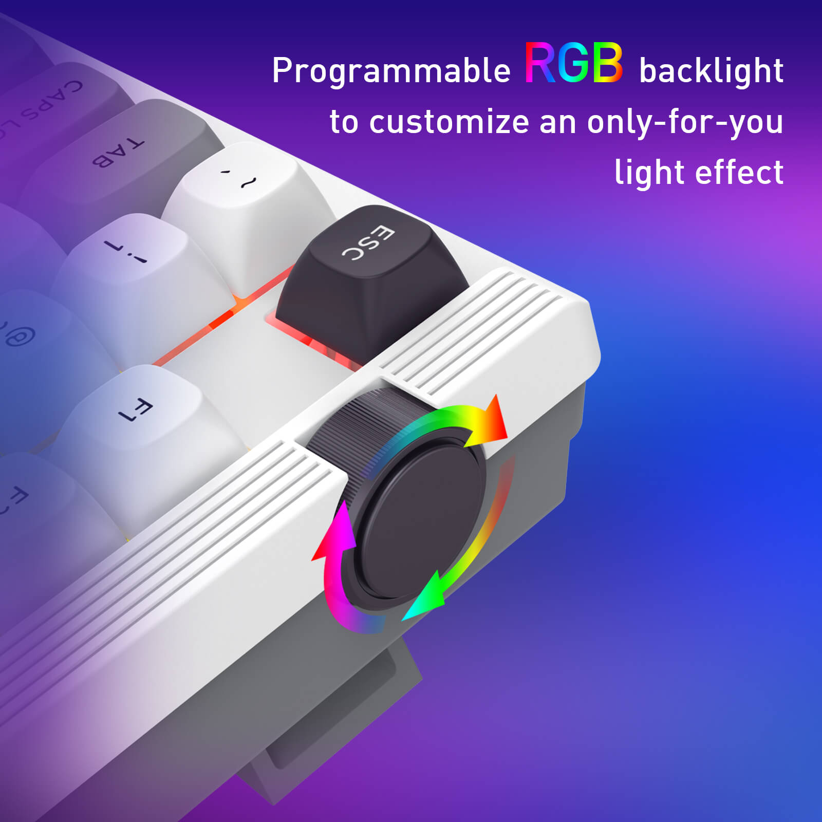 Redragon K729 PRO Keyboard with RGB backlight customization feature on a gradient background