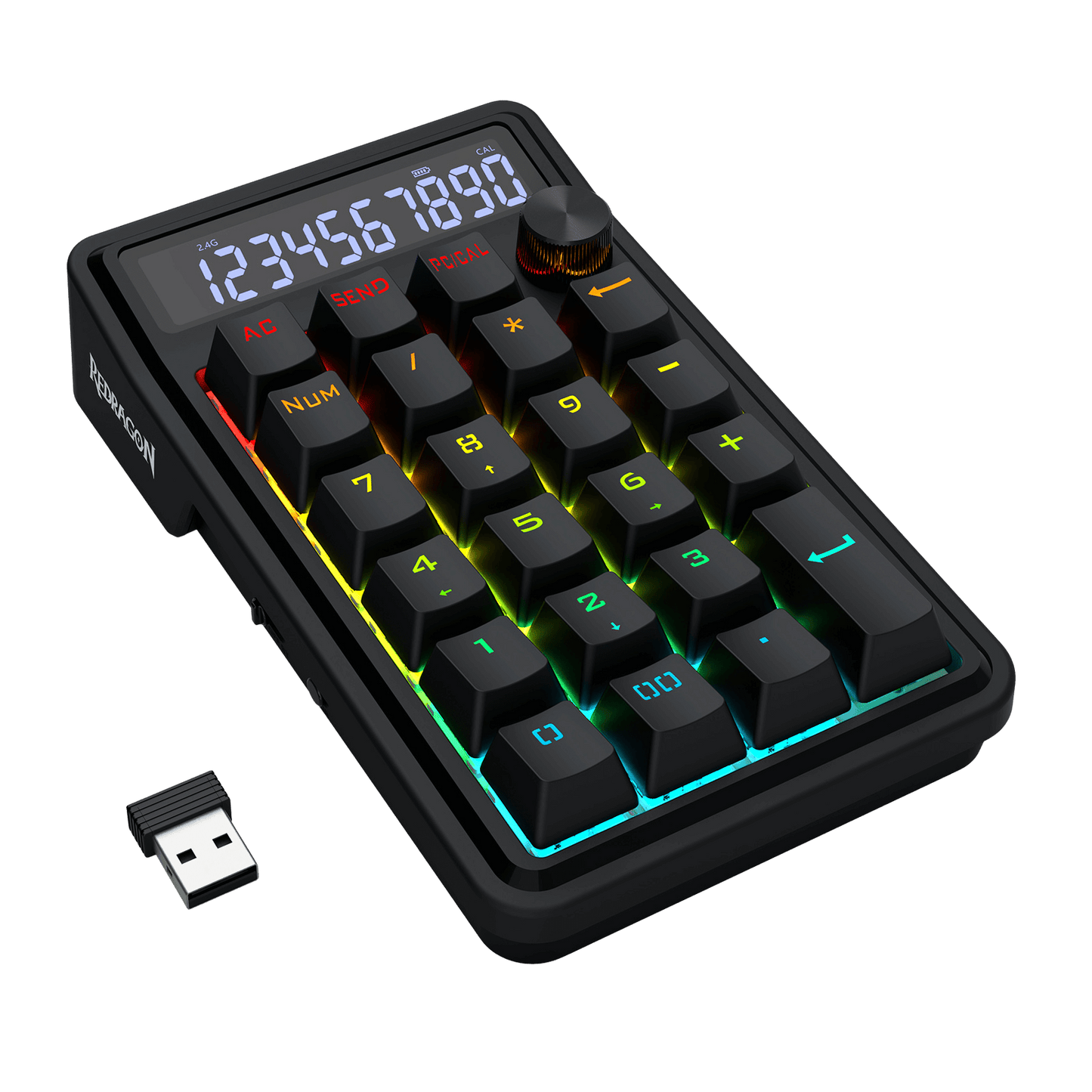 Black calculator with RGB backlighting on a black background