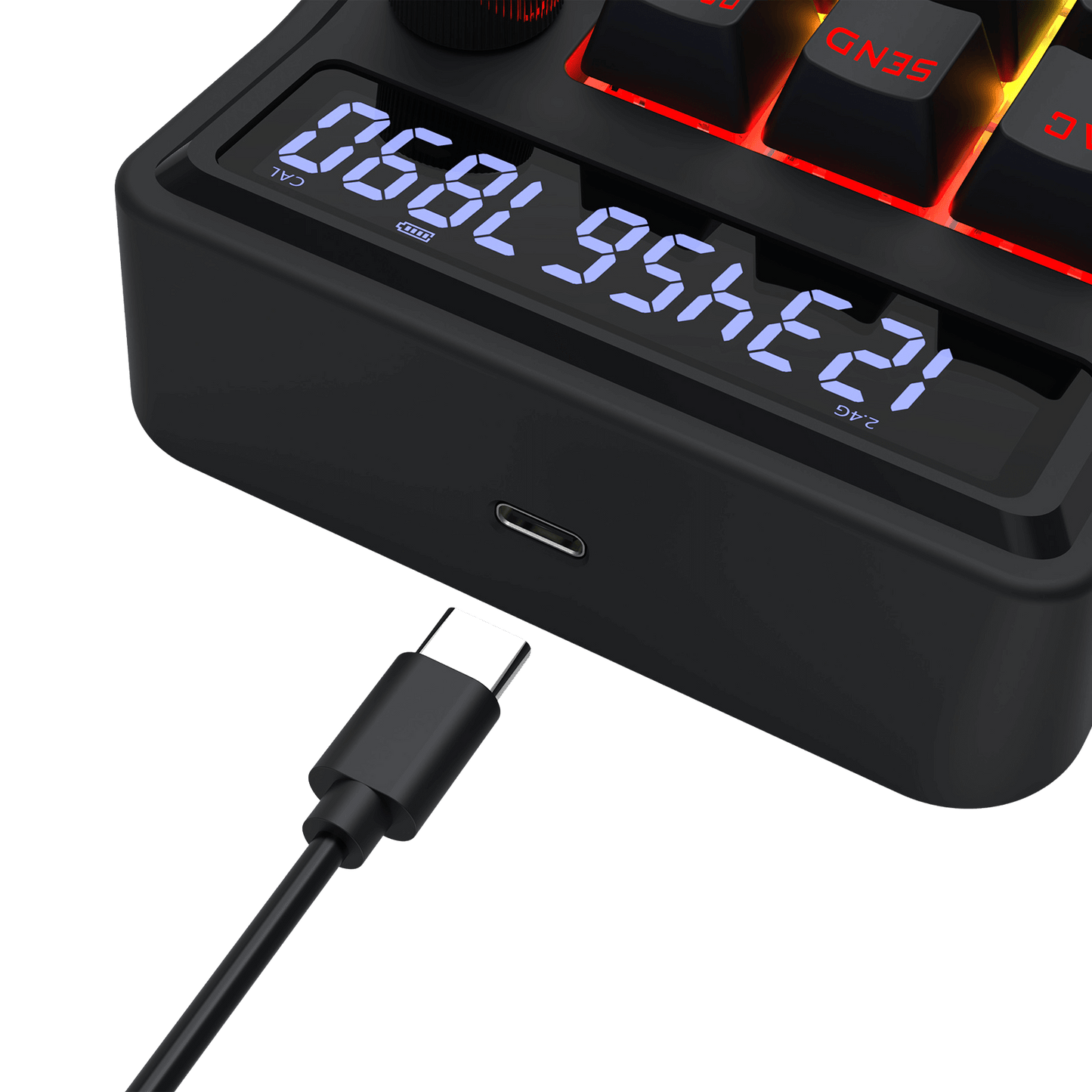 Black electronic device with digital display and USB cable on a black background