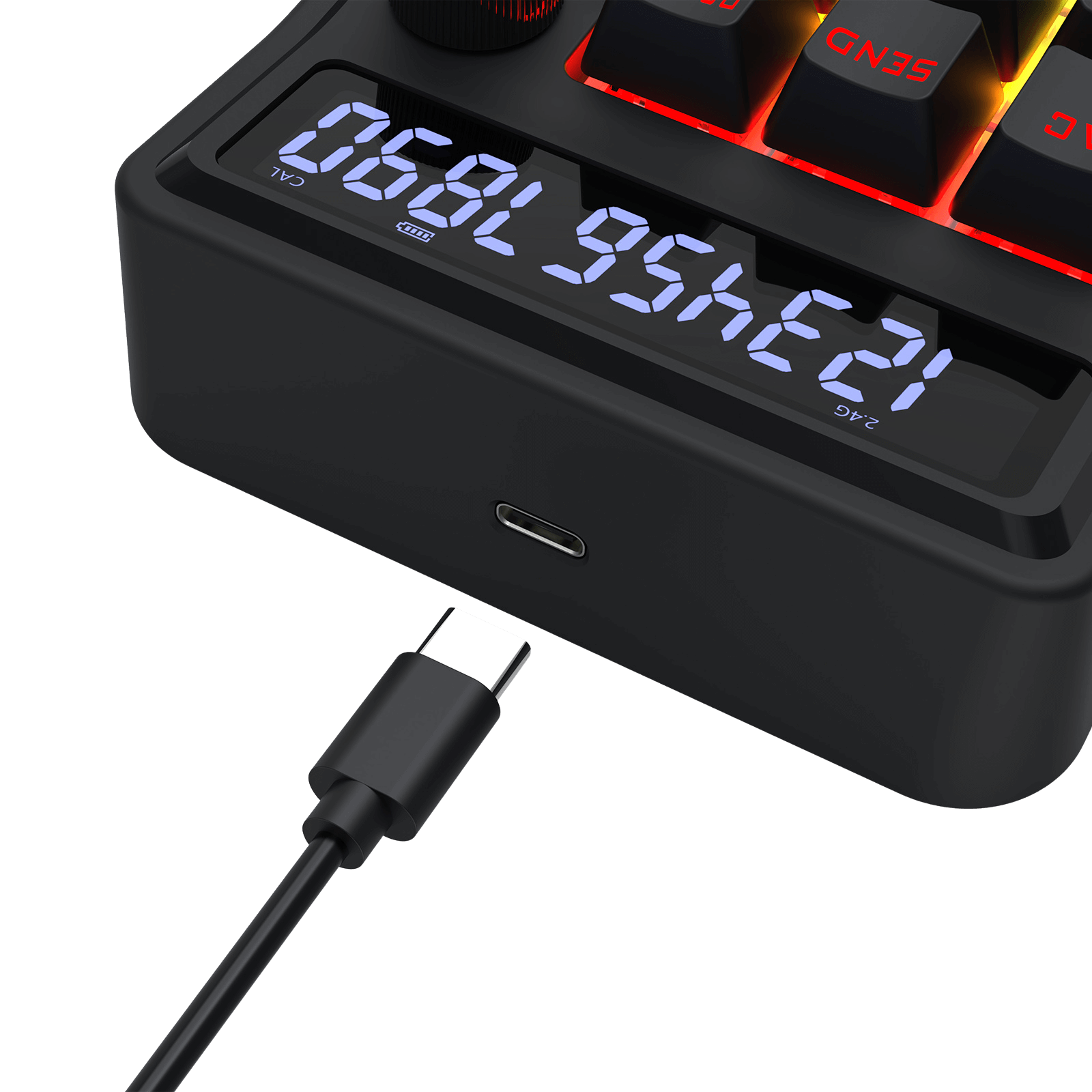 Black electronic device with digital display and USB cable on a black background