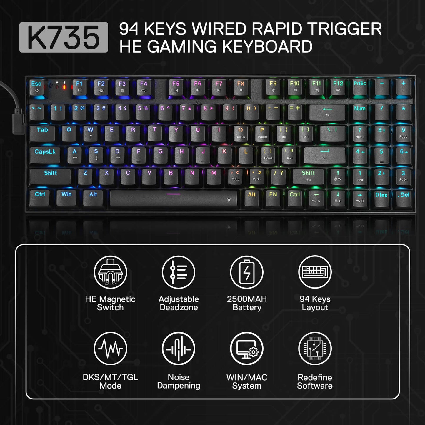 Redragon K735 Rapid Trigger Wired Gaming Keyboard, 90% 94 Keys Mechanical Keyboard w/Hyper-Fast Actuation, Dedicated Magnetic Switch, Actuation Point Adjustable, 8K Hz Polling Rate