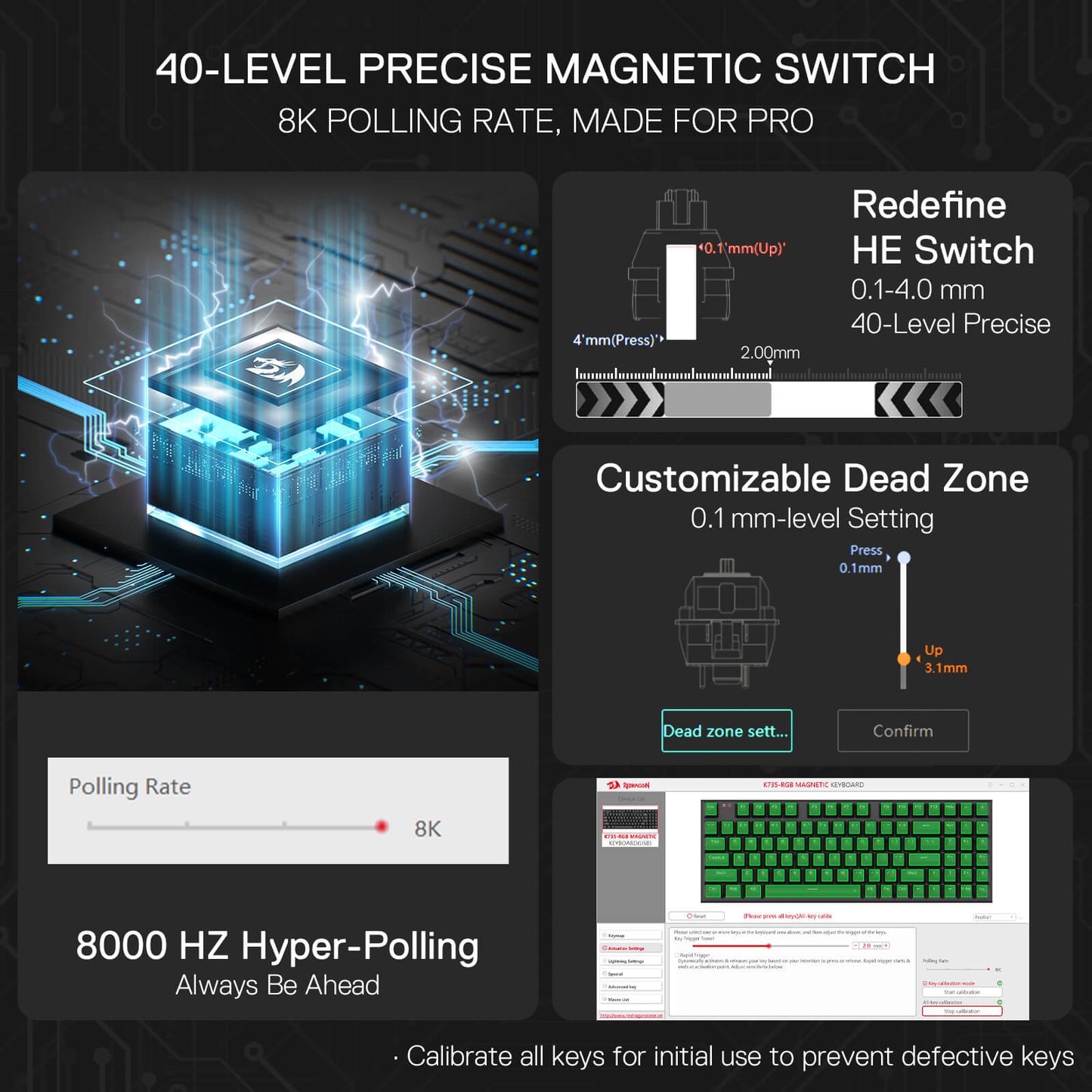 Redragon K735 Rapid Trigger Wired Gaming Keyboard, 90% 94 Keys Mechanical Keyboard w/Hyper-Fast Actuation, Dedicated Magnetic Switch, Actuation Point Adjustable, 8K Hz Polling Rate