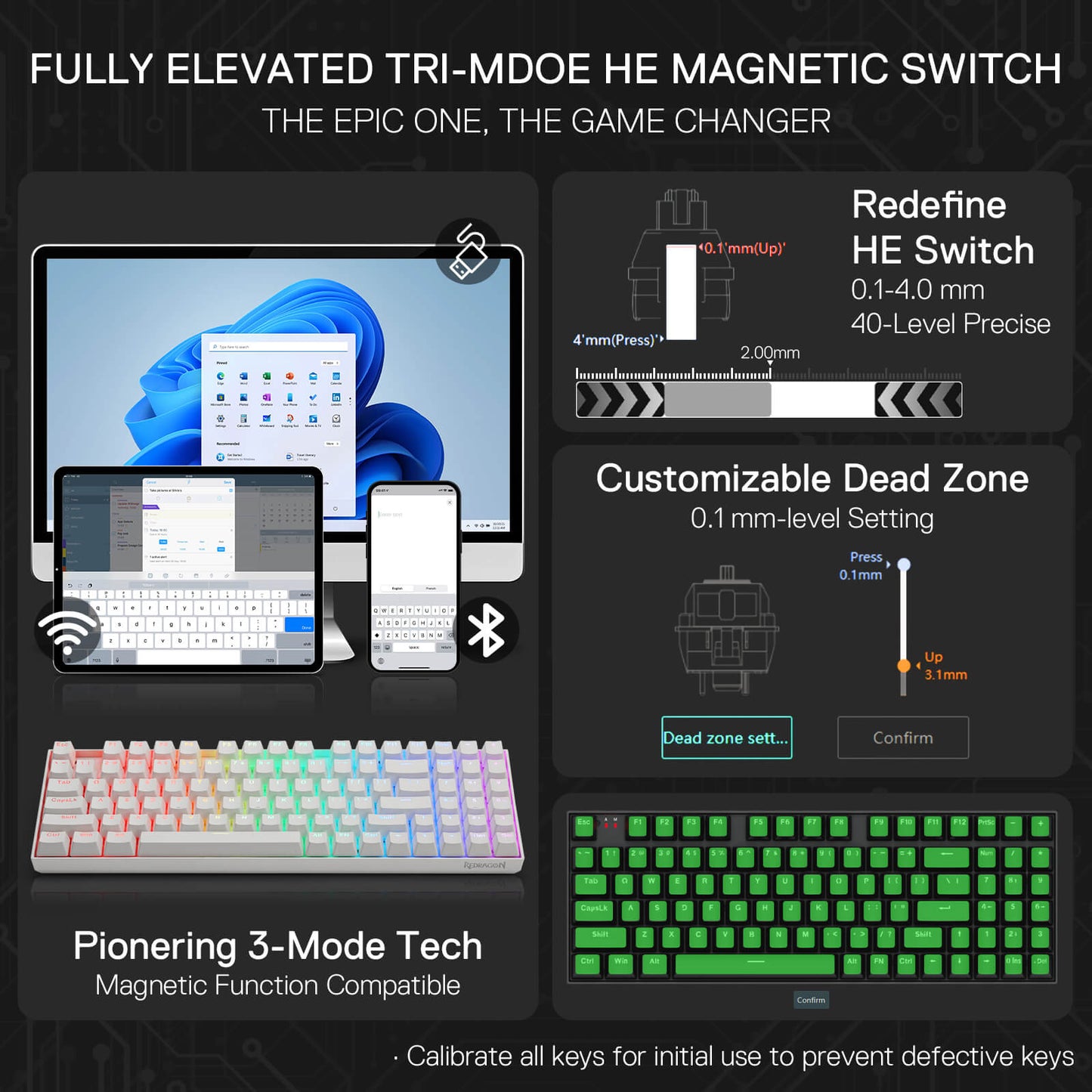 Redragon K736 PRO Rapid Trigger Wireless Gaming Keyboard, 90% 94 Keys 3-Mode HE Magnetic Mechanical Keyboard w/Hyper-Fast Actuation, Dedicated Magnetic Switch, Actuation Point Adjustable