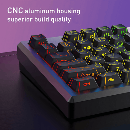 redragon K737 PRO Keyboard with illuminated keys on a purple background, highlighting CNC aluminum housing.