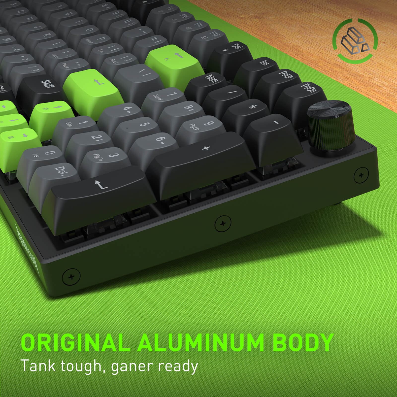 Mechanical keyboard with green and black keys on a green surface