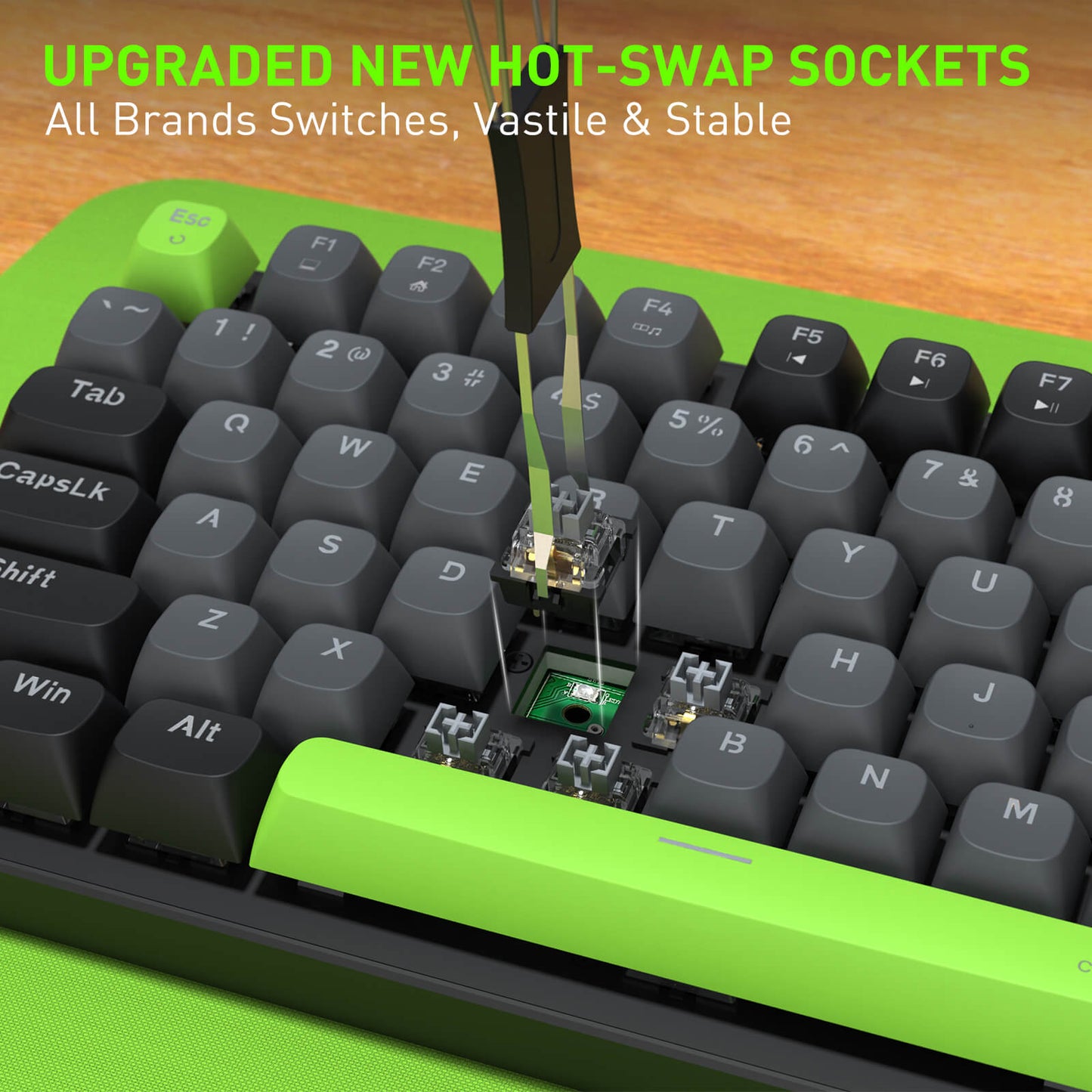 Close-up of a mechanical keyboard with a focus on hot-swap sockets, showing text about upgraded sockets.