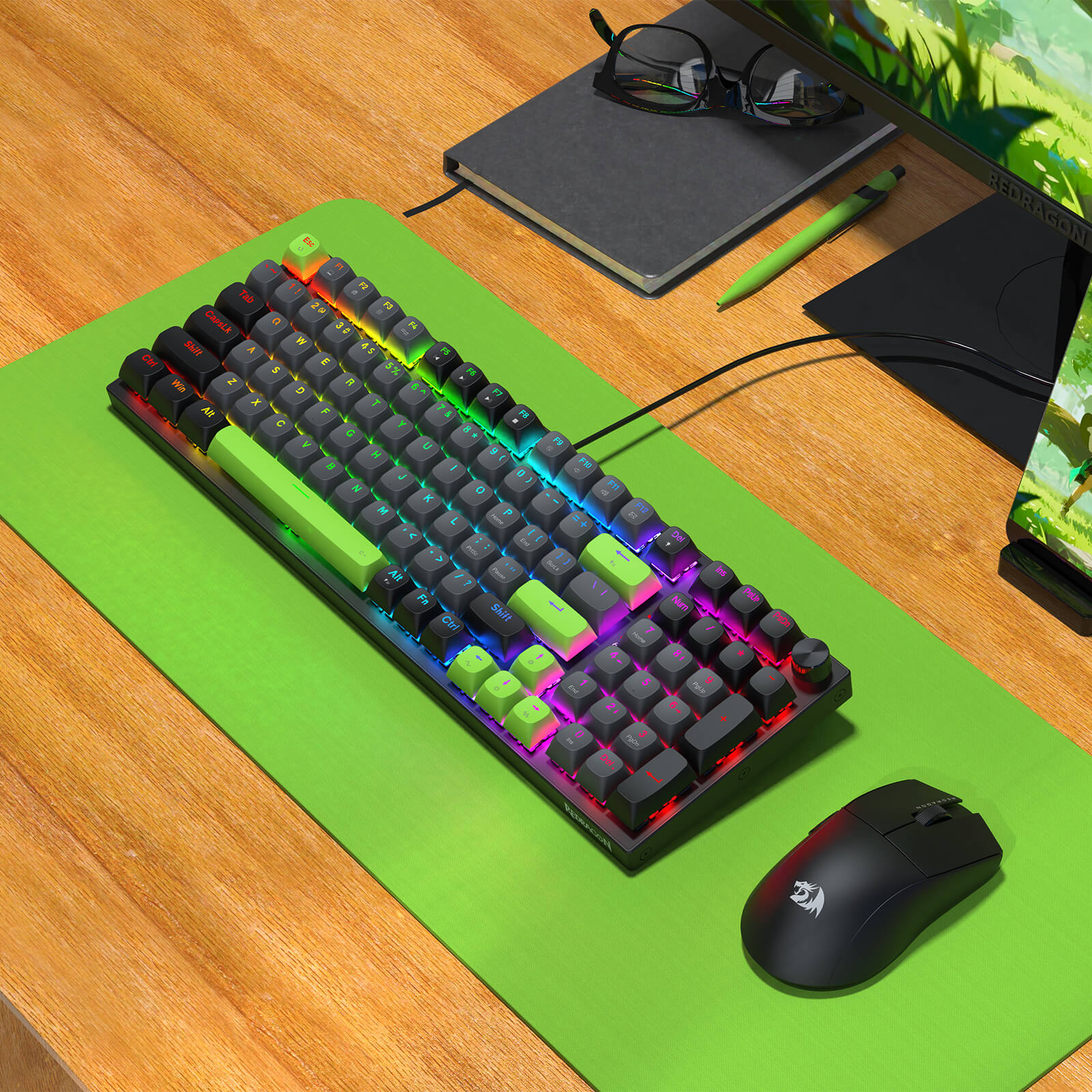 Keyboard and mouse set on a green mat with a wooden desk background