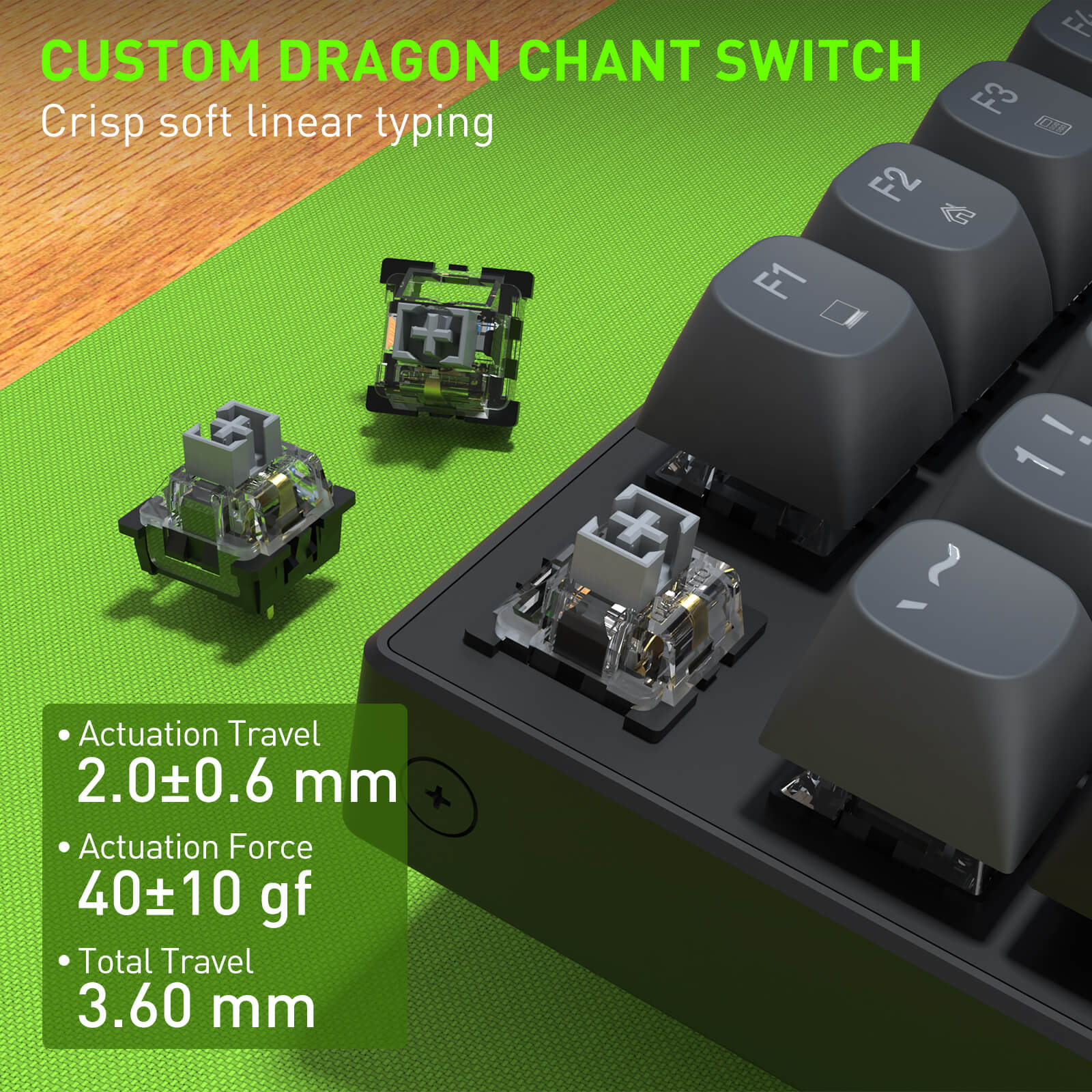 Keyboard switches on a green surface with text detailing switch specifications.