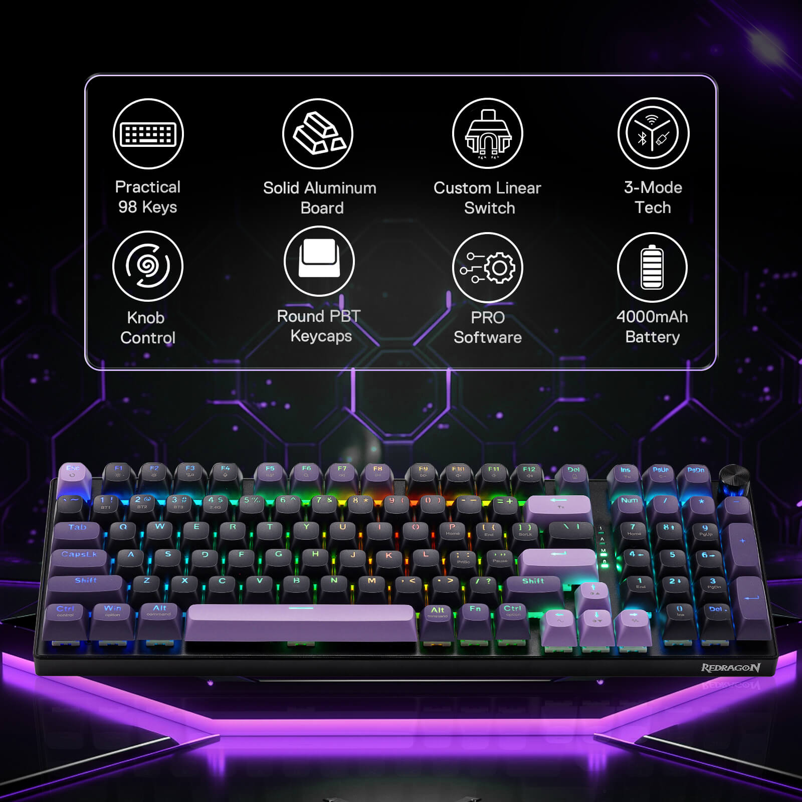 Redragon K740 PRO Mechanical keyboard with RGB lighting on a dark background