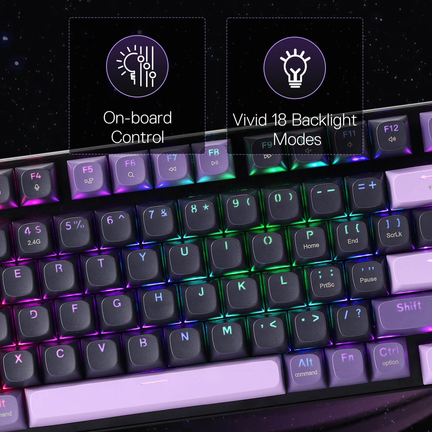 Keyboard with RGB lighting and text highlighting features like on-board control and 18 backlight modes.