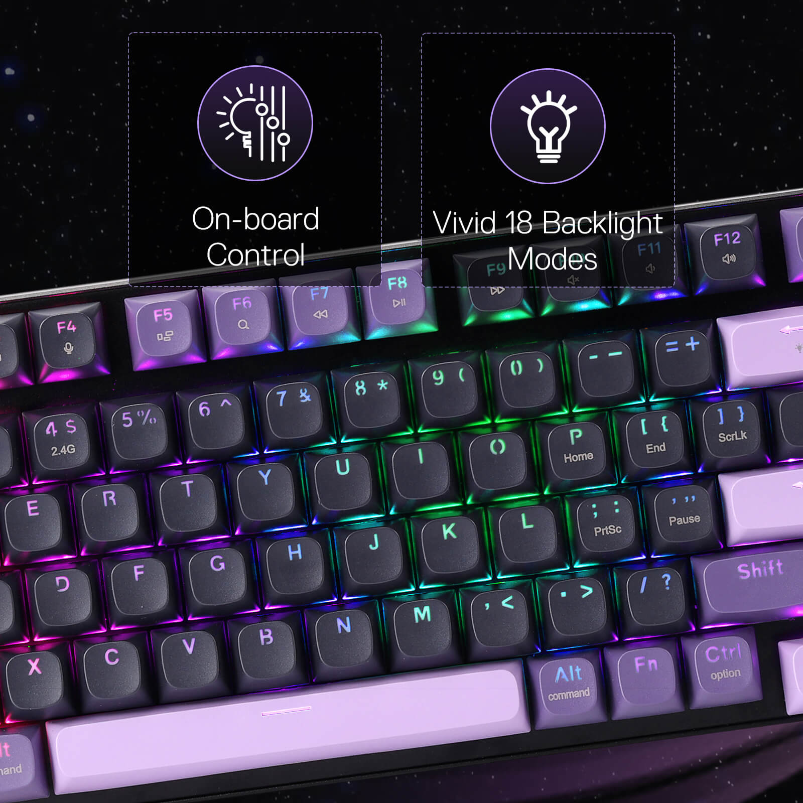Keyboard with RGB lighting and text highlighting features like on-board control and 18 backlight modes.