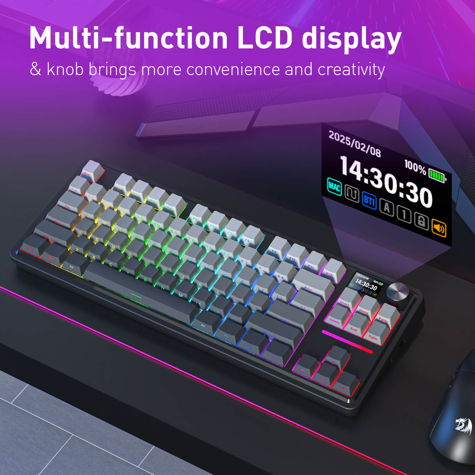 Keyboard with multi-function LCD display and knob on a dark surface