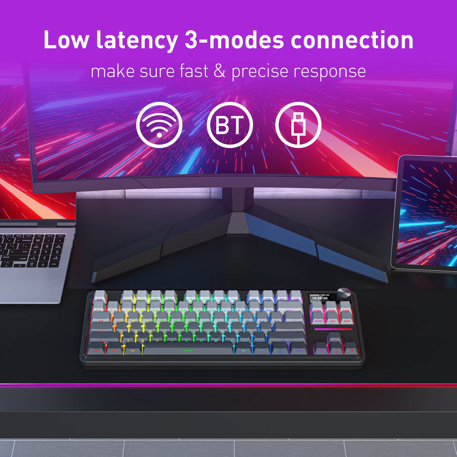 Gaming setup with monitor, keyboard, and laptop on a desk, featuring text about low latency connection modes.