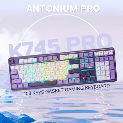 Gaming keyboard with colorful backlighting on a light blue gradient background, featuring 'Antonium Pro' branding.