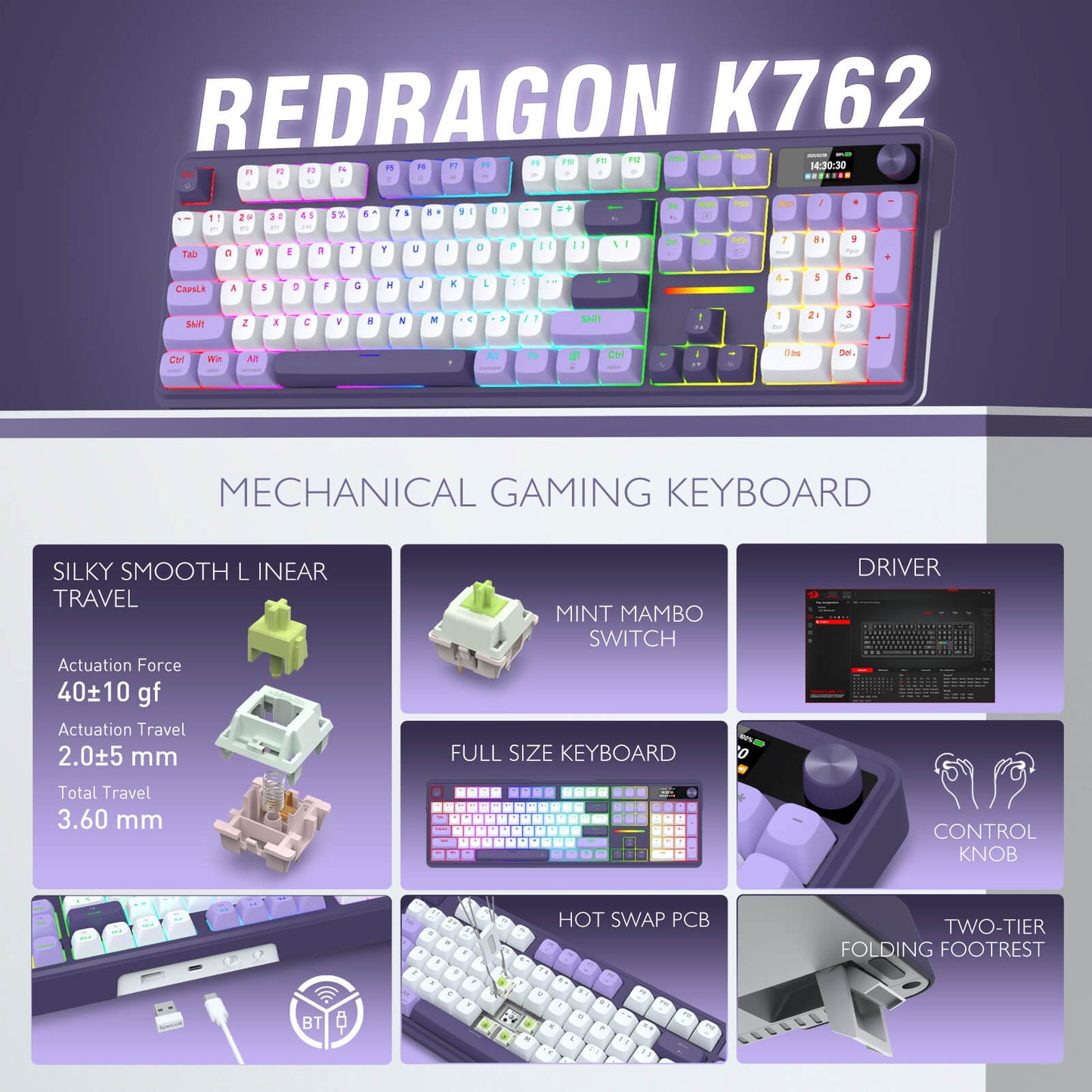 Redragon K762 mechanical gaming keyboard with feature highlights on a purple background