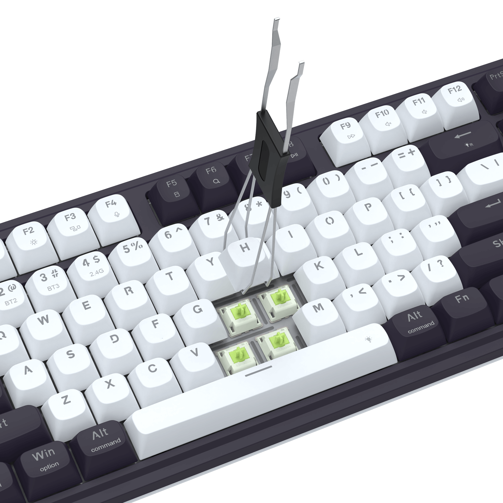 Close-up of a mechanical keyboard with white keys on a black background