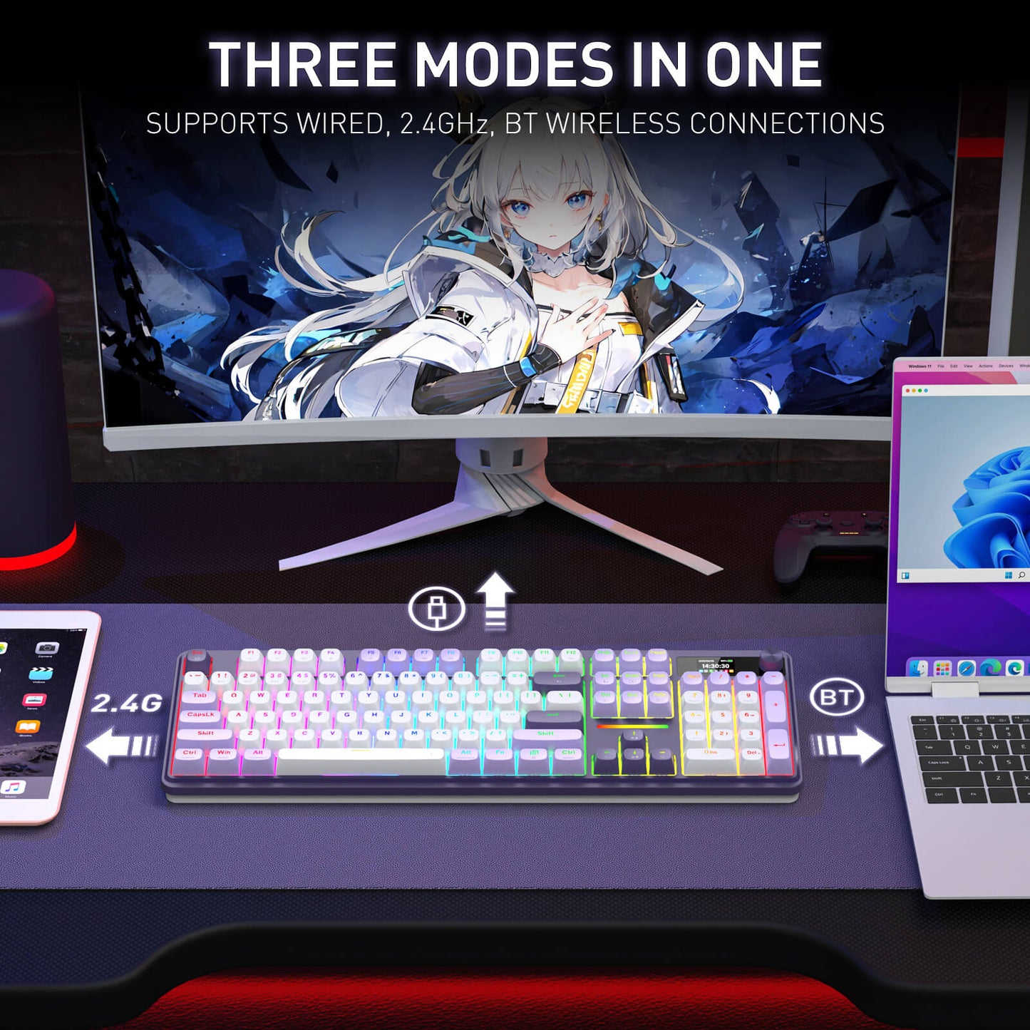 Gaming setup with monitor, keyboard, and laptop on a desk, featuring text about connection modes.