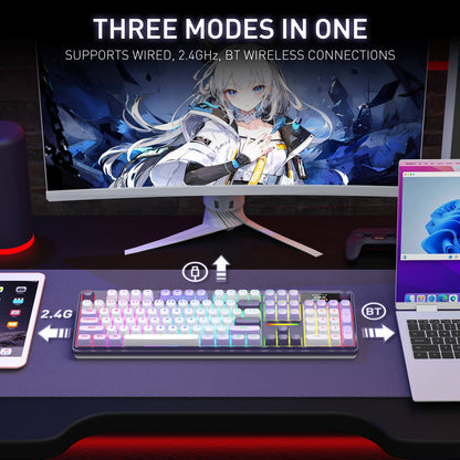 Gaming setup with monitor, keyboard, and laptop on a desk, featuring text about connection modes.