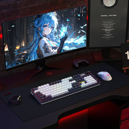 Gaming setup with monitor displaying anime character, keyboard, and mouse on a desk.