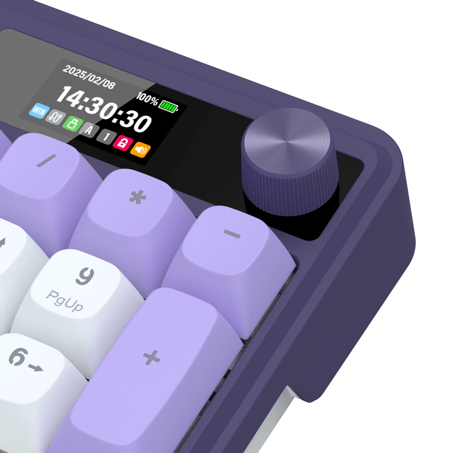 Digital keyboard with purple keys and a display on a black background