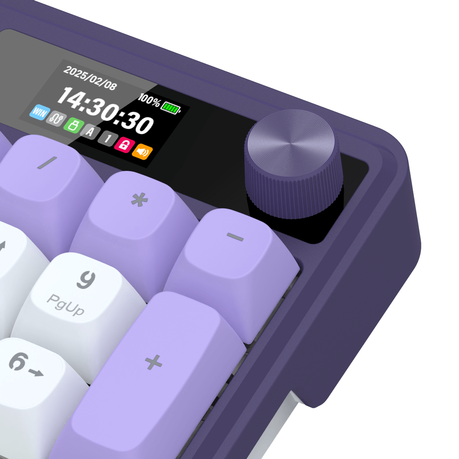 Digital keyboard with purple keys and a display on a black background