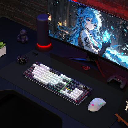 Gaming setup with keyboard, mouse, and monitor on a desk