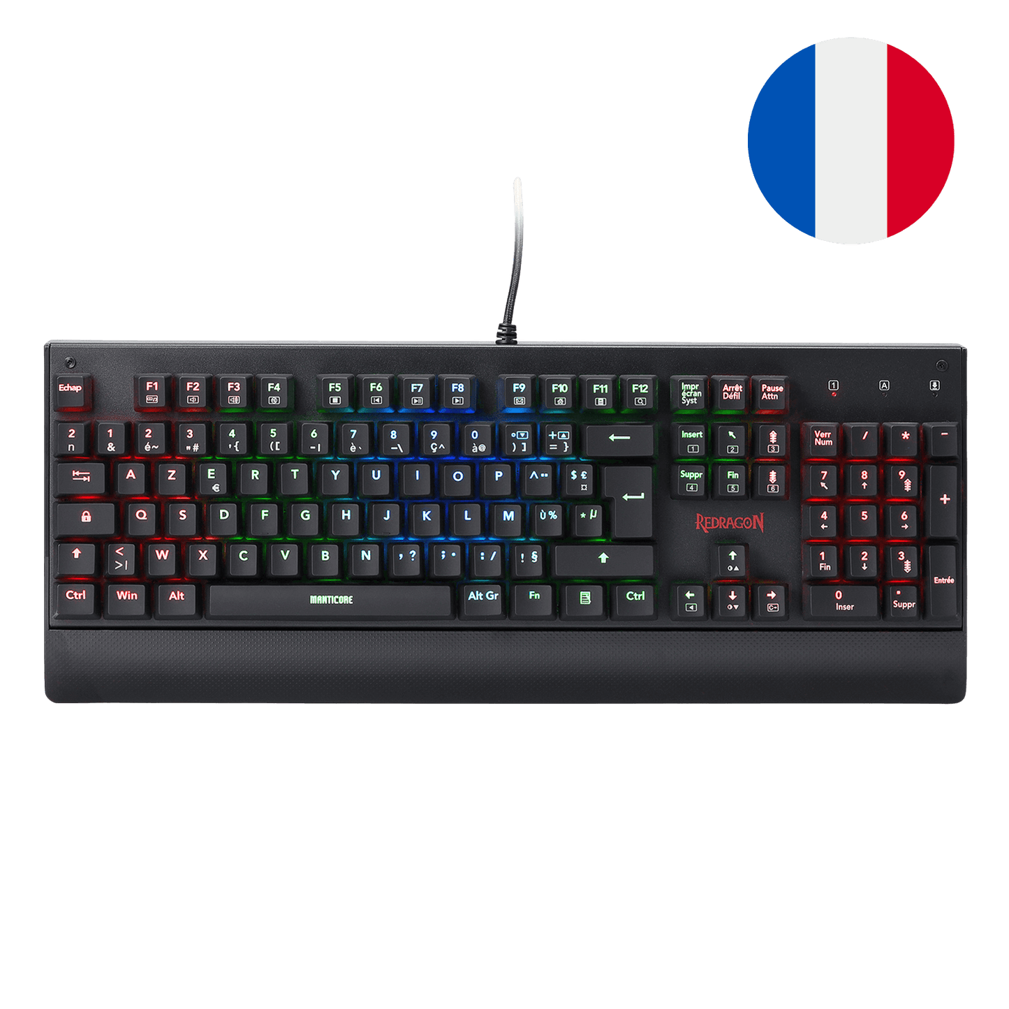 Le clavier mécanique Redragon Manticore est affiché avec son éclairage RGB multicolore, un repose-poignet intégré et un interrupteur bleu détachable pour démontrer son design modulaire.