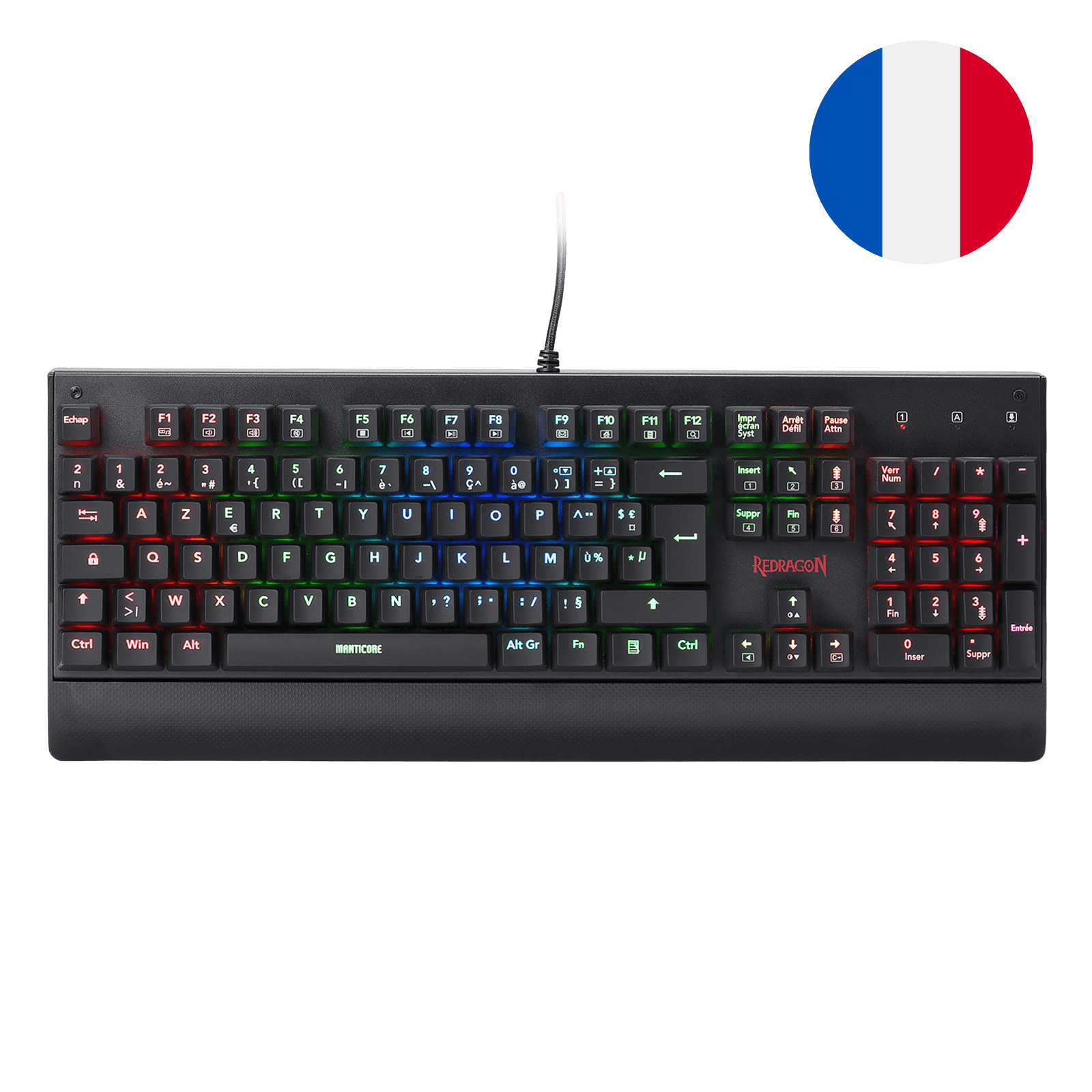 Le clavier mécanique Redragon Manticore est affiché avec son éclairage RGB multicolore, un repose-poignet intégré et un interrupteur bleu détachable pour démontrer son design modulaire.