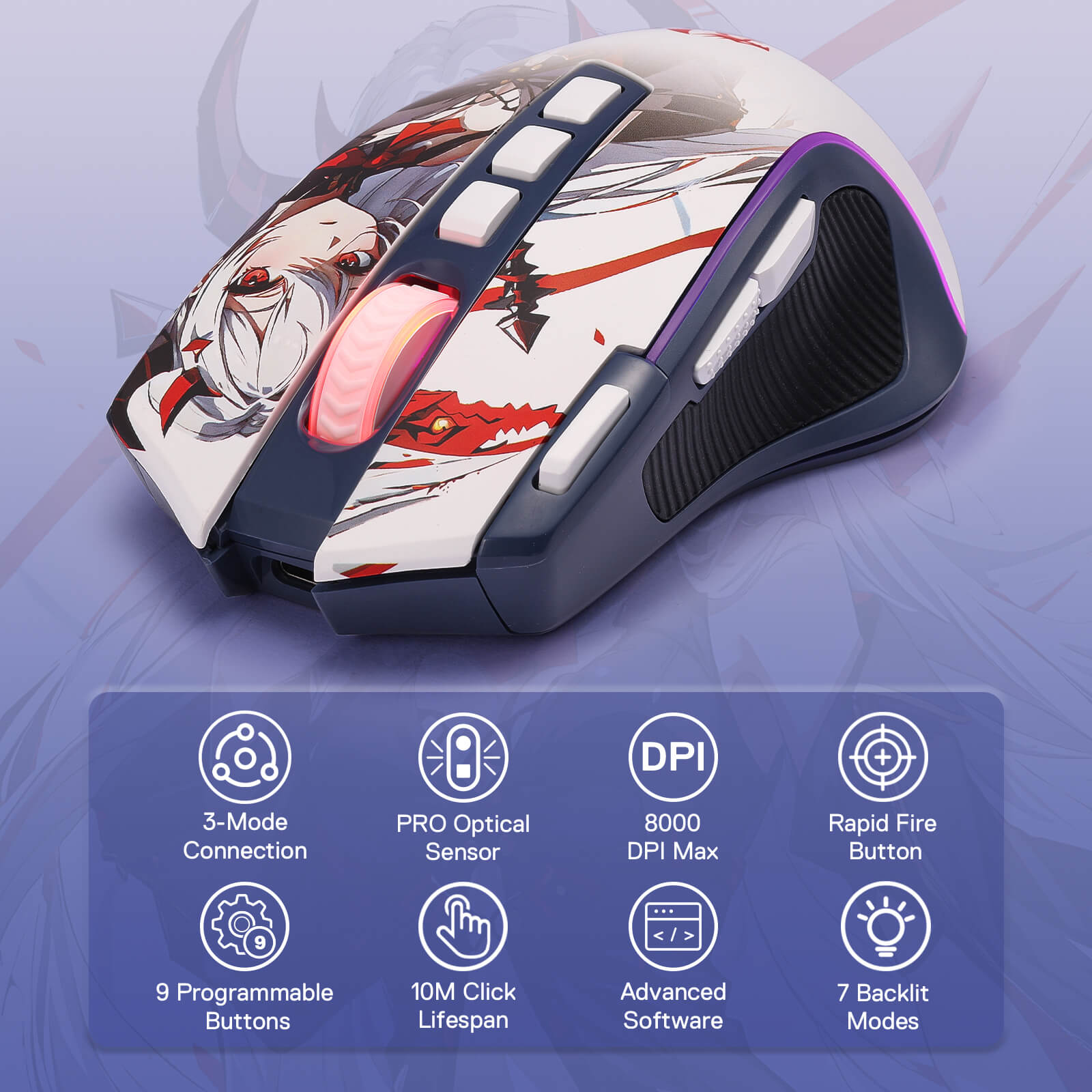 Redragon M612AK PRO RGB Gaming Mouse, 8000 DPI Wired/Wireless Optical Mouse with 9 Programmable Buttons & 7 Backlit Modes, BT & 2.4G Wireless, Software Supports DIY Keybinds Rapid Fire Button