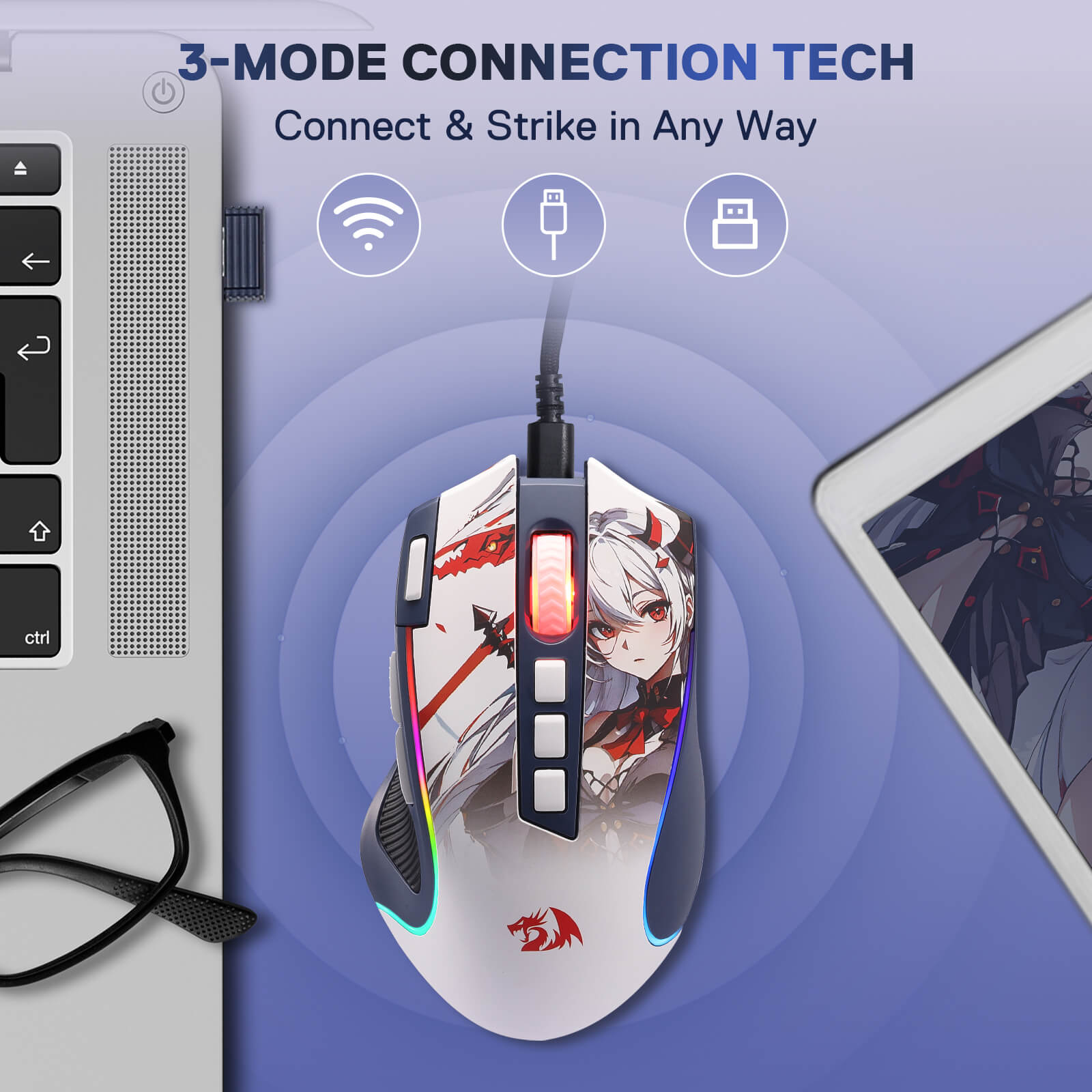 Redragon M612 gaming mouse with anime design on a blue background, featuring 3-mode connection technology.
