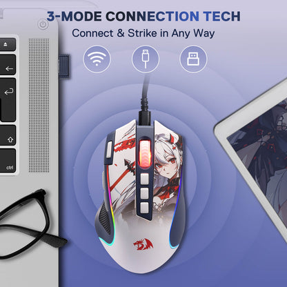 Redragon M612 gaming mouse with anime design on a blue background, featuring 3-mode connection technology.