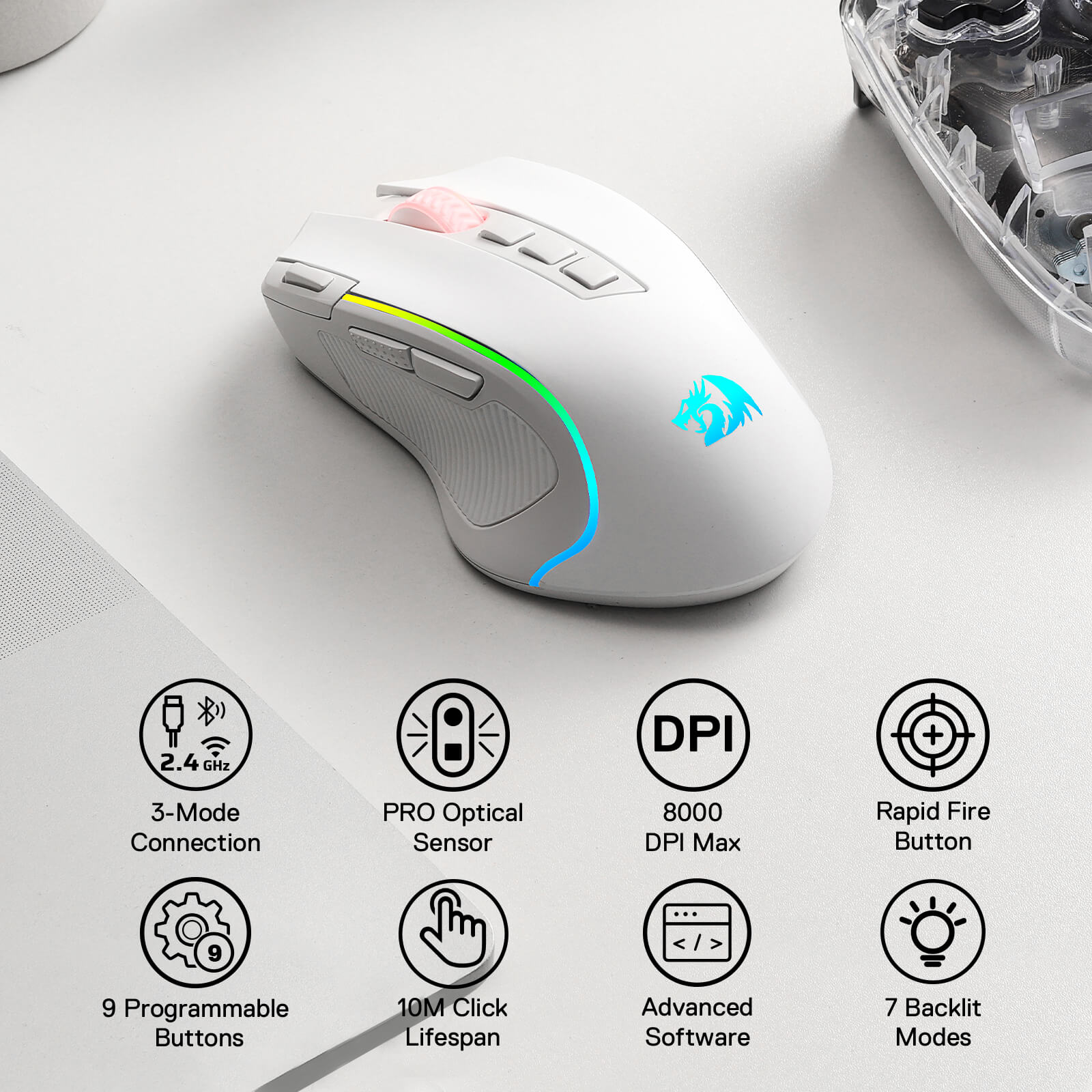 Redragon M612 PRO RGB Gaming Mouse, 8000 DPI Wired/Wireless Optical Gamer Mouse with 7 Programmable Buttons & 7 Backlit Modes, BT & 2.4G Wireless, Software Supports DIY Keybinds Rapid Fire Button