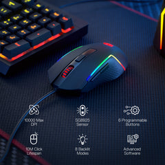 Redragon M616 RGB Gaming Mouse, 10000 DPI Wired Optical Mouse with 6 Programmable Buttons & 8 Backlit Modes, Software Supports DIY Keybinds