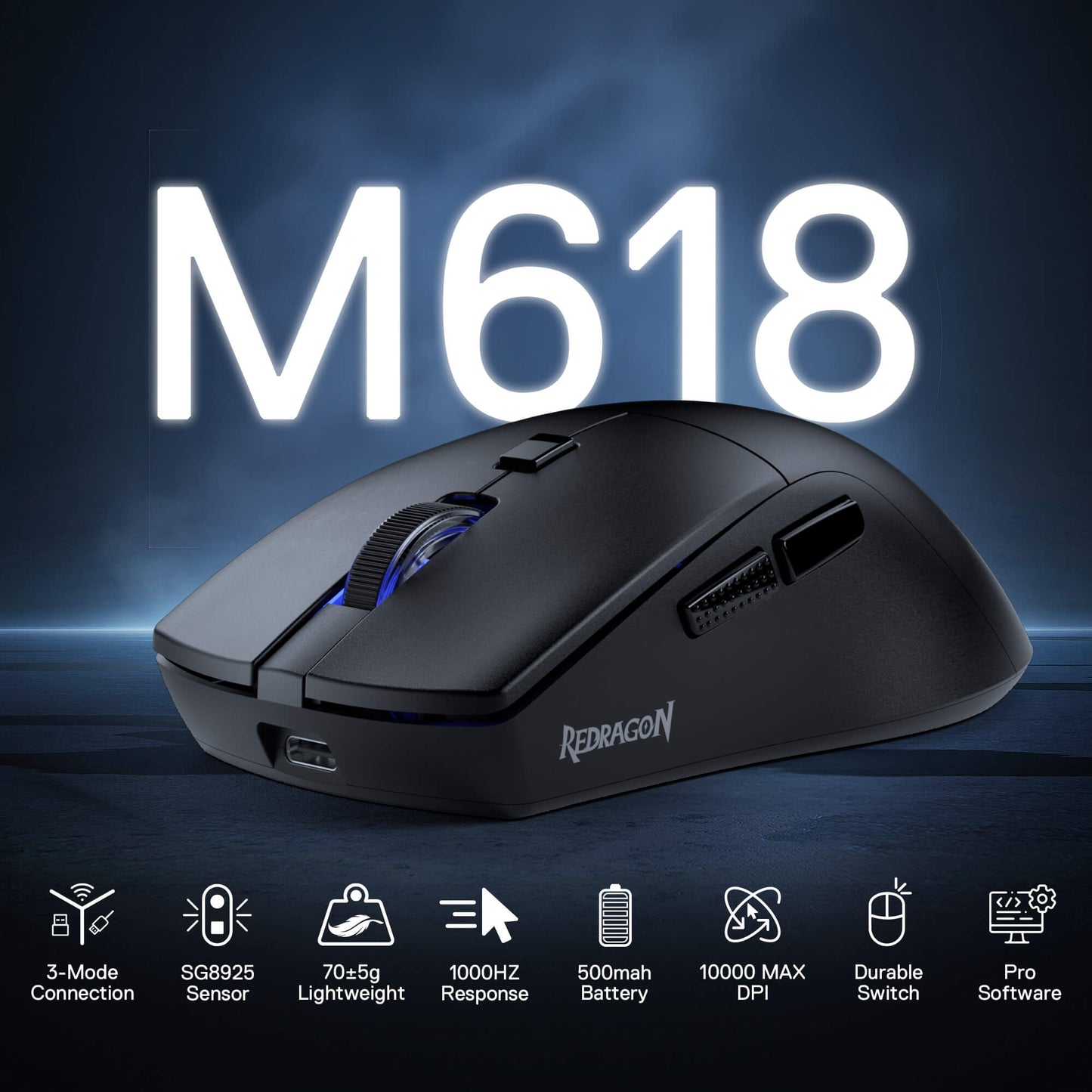 Black gaming mouse with Redragon branding on a dark blue background, featuring product specifications below.