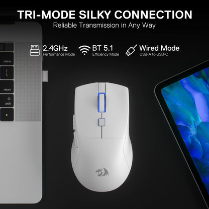White gaming mouse with connectivity modes on a black background