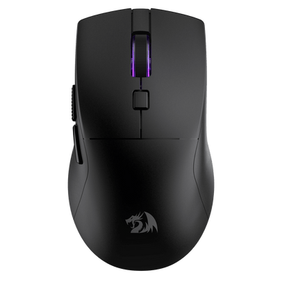 Black gaming mouse with a visible brand logo on a white background