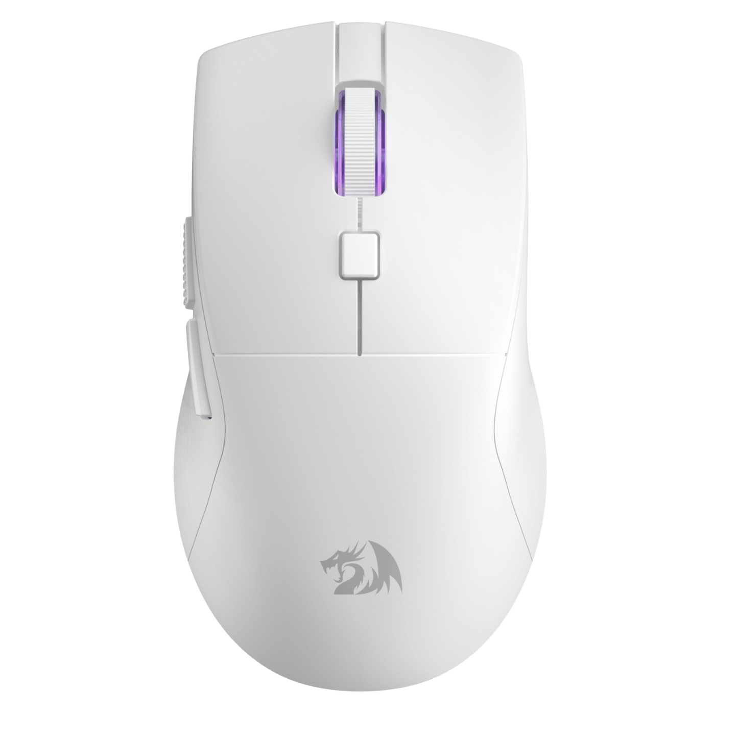 White gaming mouse with a visible brand logo on a white background