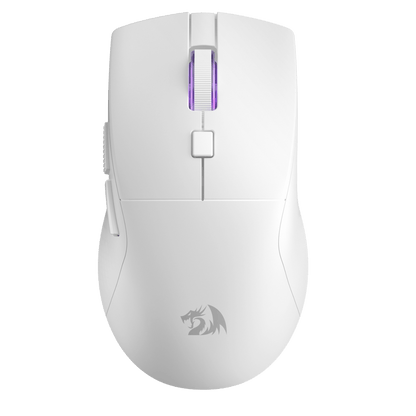 White gaming mouse with a visible brand logo on a white background