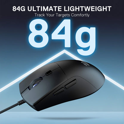 Black gaming mouse with '84g' highlighted on a blue gradient background