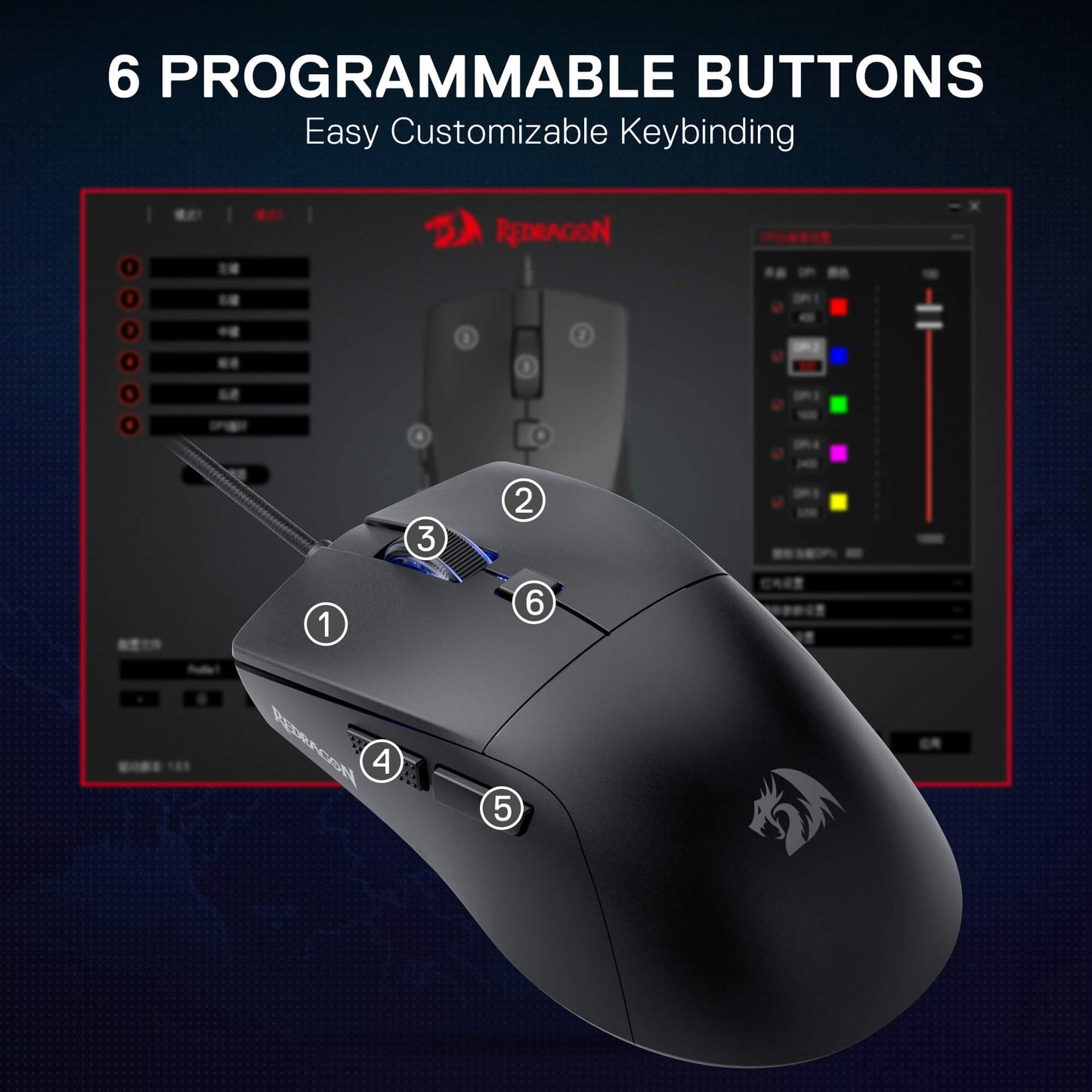 Black gaming mouse with labeled buttons and customizable keybinding software on a dark background