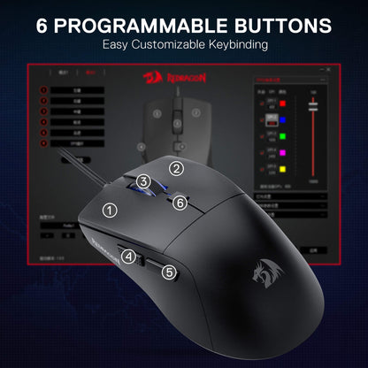 Black gaming mouse with labeled buttons and customizable keybinding software on a dark background